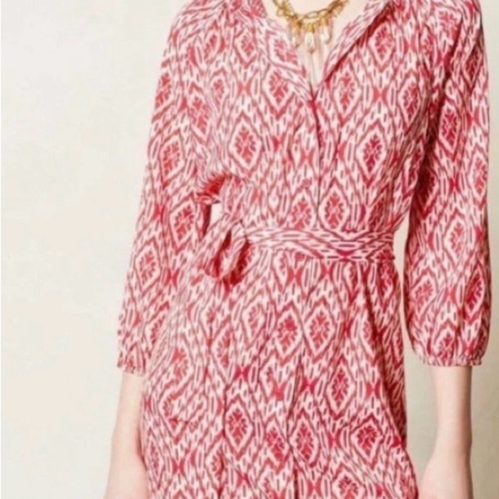 Anthropologie Maeve Red and White Mini Dress with Tie Front and V-Neck